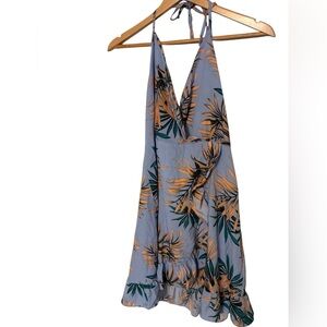 QED London Blue Floral Backless Halter Dress with Mustard and Green Print